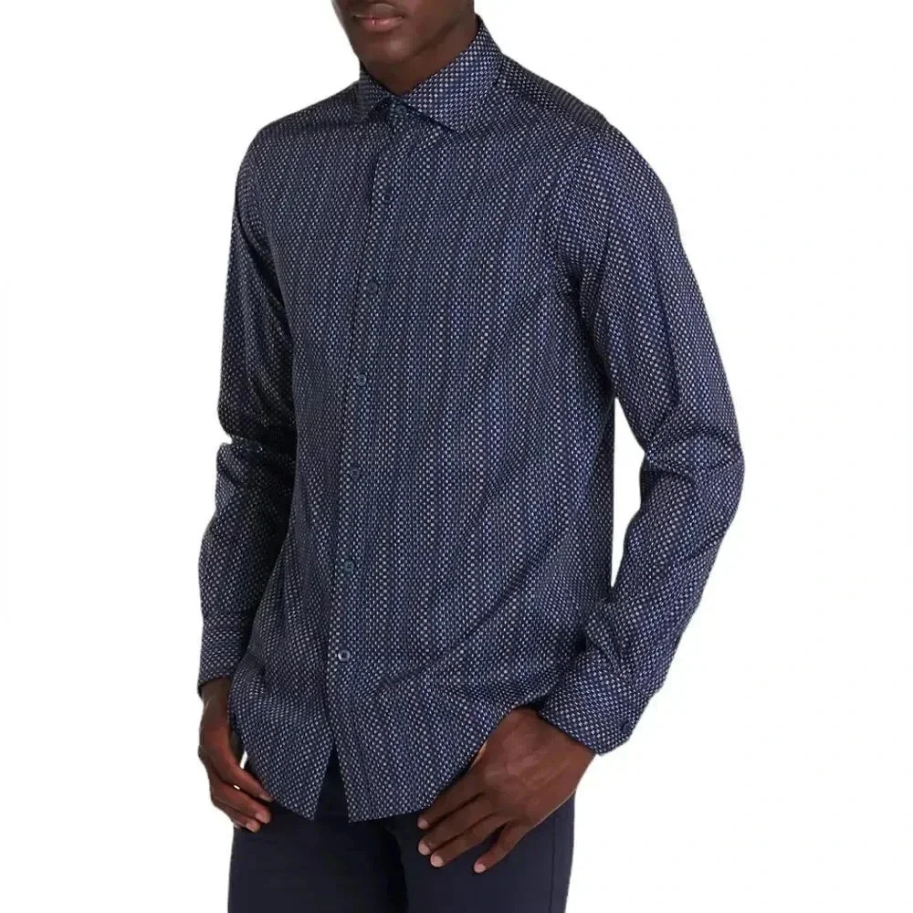Bugatchi Mens Large Blue Micro Geometric Print 100% Cotton Button Down Shirt